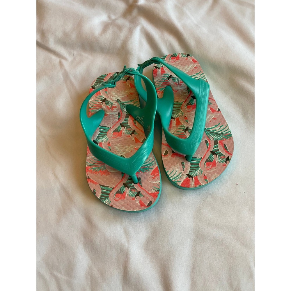 Old Navy Girls Flamingo Print Tropical Flip Flops Sandals Size 6 Green Pink